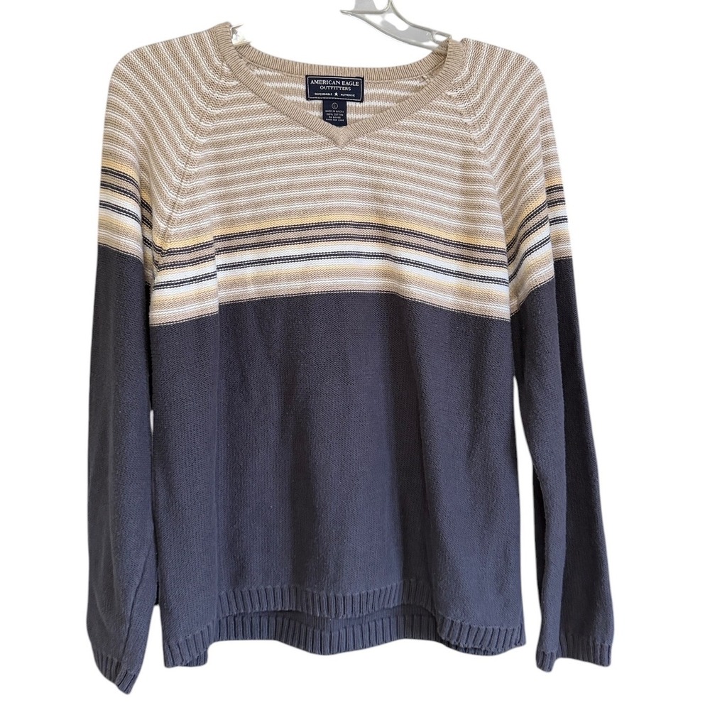 American Eagle Outfitters Mens Grey Tan Striped V-Neck Cotton Knit Sweater L